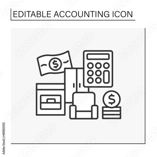Tangible assets line icon. Furniture, fixtures, and equipment. Valuing, selling, or liquidating company or building. Accounting concept. Isolated vector illustration. Editable stroke
