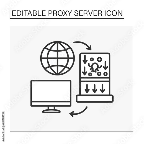 Antivirus line icon. Firewall virus protection observes traffic in network, inhibits malicious data. Thwarting viruses on computers. Proxy server concept. Isolated vector illustration. Editable stroke