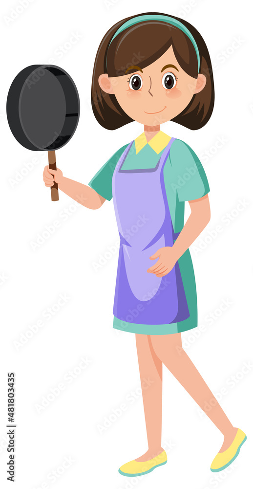 A woman holding a pan wearing apron cartoon character on white background A woman holding a pan wearing apron cartoon character on white background
