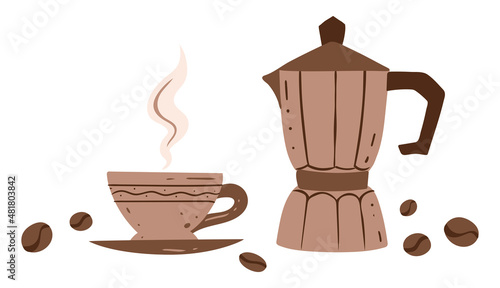 Coffee maker, coffee cup and beans, color illustration in cartoon style, vector