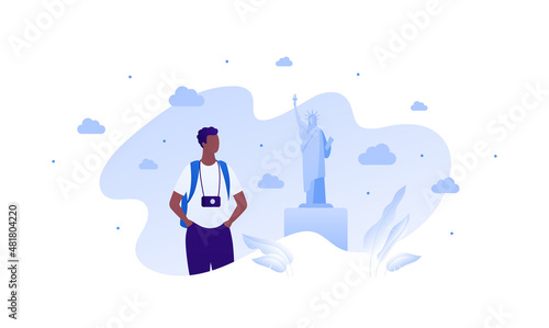 Sightseeing tourism and famous places travel concept. Vector flat people illustration. Young adult african boy with backpack and photo camera. Abstract liberty monument building symbol on background.
