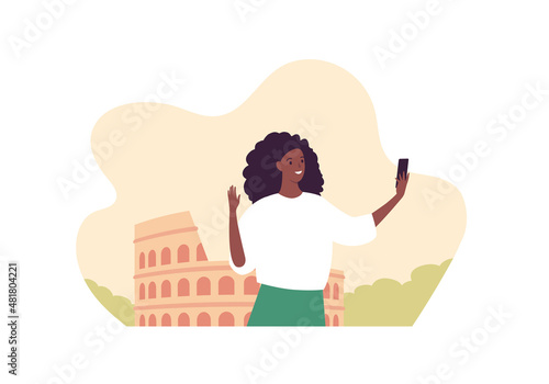 Sightseeing tourism and famous places travel concept. Vector flat people illustration. African young adult woman make selfie by smartphone. Abstract colosseum building symbol on background.