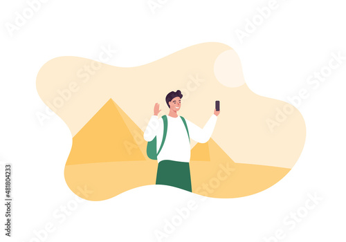 Sightseeing tourism and famous places travel concept. Vector flat people illustration. Young adult male tourist make selfie by smartphone. Abstract egyptian pyramid building symbol on background.