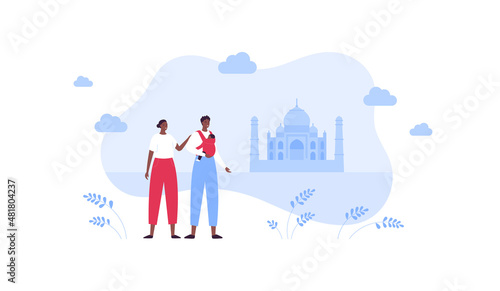 Sightseeing tourism and famous places travel concept. Vector flat people illustration. African family character. Couple of parents with baby in carrier. Abstract taj mahal building symbol.