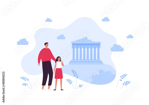 Sightseeing tourism and famous places travel concept. Vector flat people illustration. Male father with girl child. Abstract greek acropolis temple building symbol.