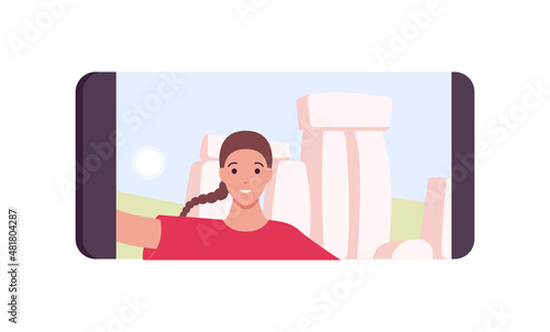 Sightseeing tourism and famous places travel concept. Vector flat people illustration. Young adult woman tourist selfie on smartphone screen. Abstract stonehenge building symbol on background.