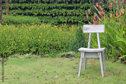 Single empty rustic white painted wooden chair on a lawn in a tropical garden. No people.