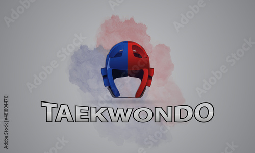 Abstract helmet for taekwondo in two colors - red and blue. Watercolor background.