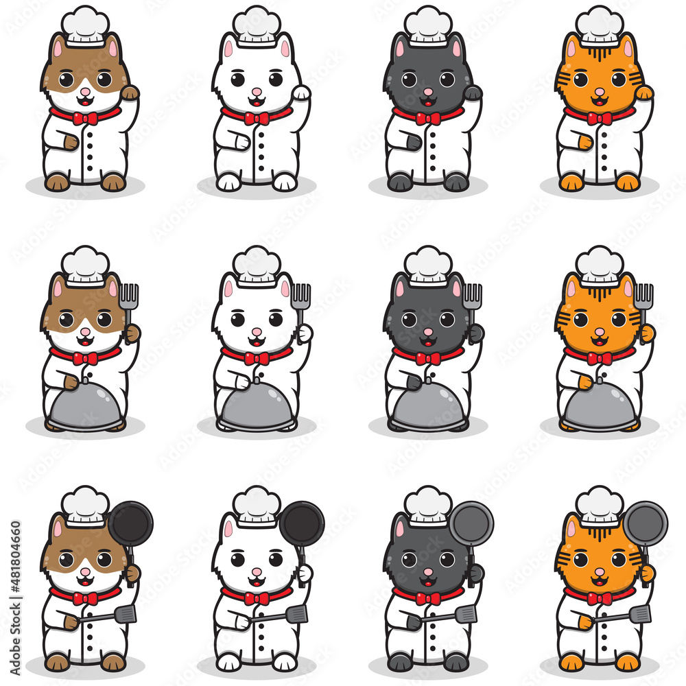Vector illustration of cute Cats with Chef costume. Maneki neko. Lucky cat character vector design. Cartoon character design set. Vector illustration of cute Cats with Chef costume. Maneki neko. Lucky cat character vector design. Cartoon character design set.