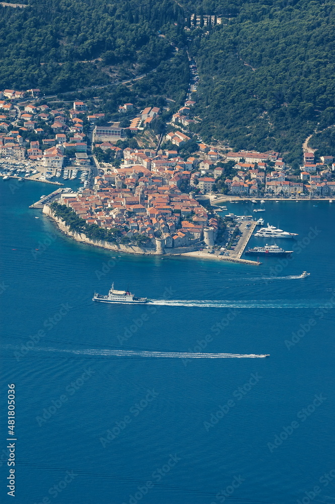 Aerial view of Korcula old town in Dubrovnik archipelago