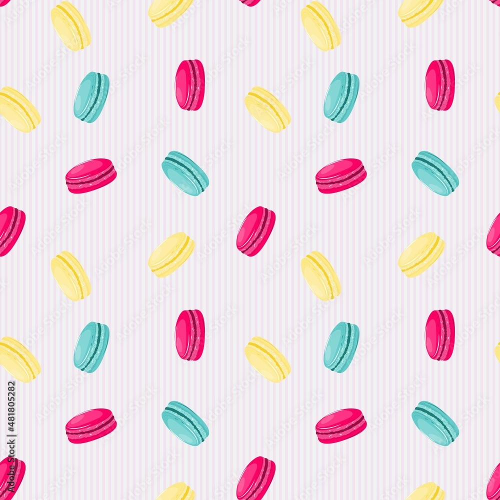 Seamless pattern with macaroons on striped background. Seamless pattern with macaroons on striped background.