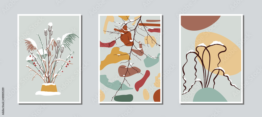 Modern abstract organic shapes and snowy plant arrangements set. Earthy colors.