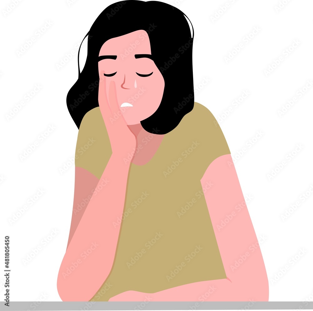 Portrait of a sad crying young girl sitting at a table. The girl feels pain and depression, grief. Vector illustration, flat style. Portrait of a sad crying young girl sitting at a table. The girl feels pain and depression, grief. Vector illustration, flat style.