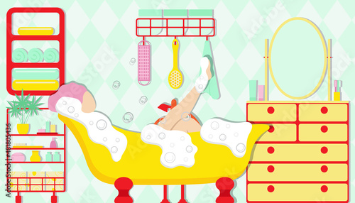 bathroom accessories woman take shower washing bath towel soap toothbrush washcloth