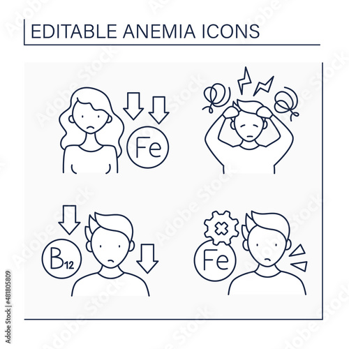 Anemia line icons set. Dizzy and headache, low vitamin b12 level, problem with absorbing iron. Health protection concept. Isolated vector illustrations. Editable stroke
