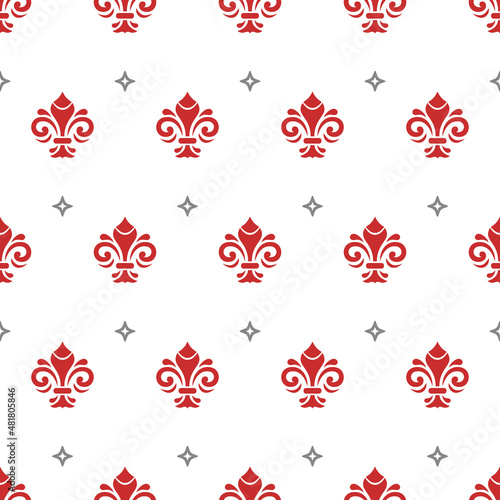 Seamless vector pattern. Modern geometric red and silver ornament with royal lilies. Classic background