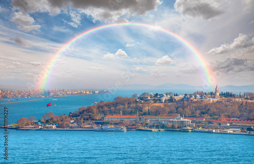 Aerial view of Topkapi Palace with amazing rainbow - Istanbul Turkey Fotobehang