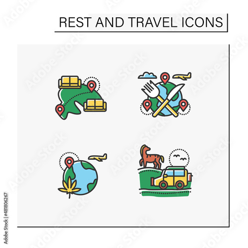 Types of rest and tourism color icons set.Food tour, safari, couchsurfing, recreational drug. Adventures, recreation and pleasure. Tourism types concept. Isolated vector illustrations
