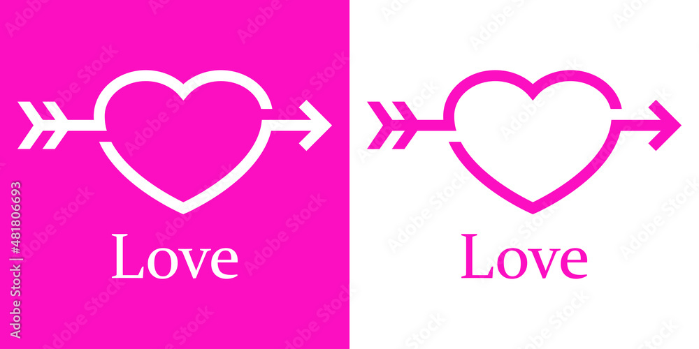 Banner con texto Love con flecha de cupido en silueta de corazón con líneas para su uso en invitaciones y tarjetas de felicitación