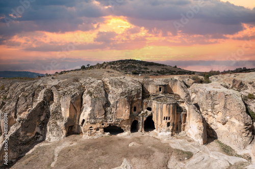 Historical ancient Phrygian (Phrygian Valley, Gordion) Valley. The valley is a popular tourist attraction. Arog movie was shot in these rocks and caves. Aerial view,  Afyon - TURKEY. photo