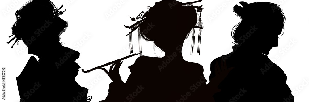 吉原遊女と町人の娘と浪人若侍の三角関係を描いた切り絵風シルエットイラスト Stock Illustration Adobe Stock