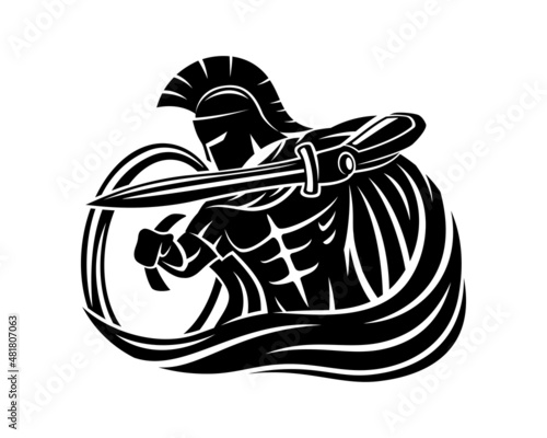 Spartan with sword and shield on white background.