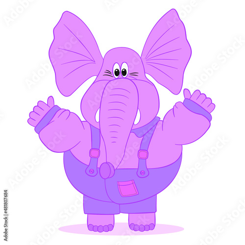 greeting pink baby elephant with arms raised in joy, drawing, vector, cartoon, on a white background.