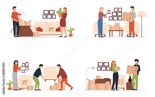 People moving into a new house with things. Set of people moving or leaving their homes and offices. Family couples pack belongings and relocating to new apartments.