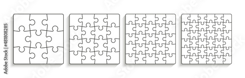 Puzzle pieces set. Jigsaw grids. Thinking mosaic game with details. Laser cut frame. Puzzle layout with separate shapes on white background. Vector illustration.