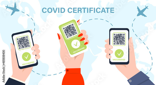 Hands with phone digital covid 19 certificate, vaccine green pass. Template for tourist electronic passports without coronavirus.