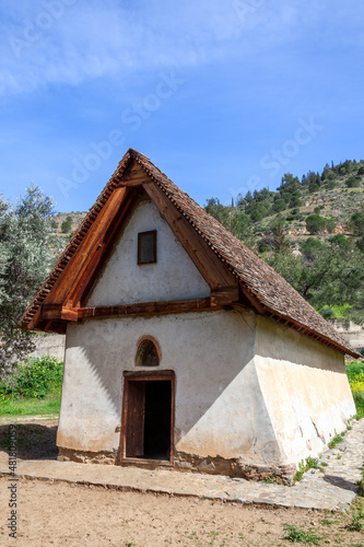 Panagia tou Moutoulla (Our Lady of Moutoulla) built in 1279-80 the oldest Troodos Mountains painted church in Cyprus which is a popular tourist holiday travel destination landmark, stock photo
