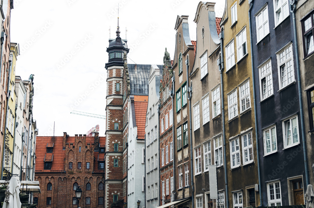 POLAND, GDANSK: Scenic cityscape view of city old center with traditional architecture and cathedral