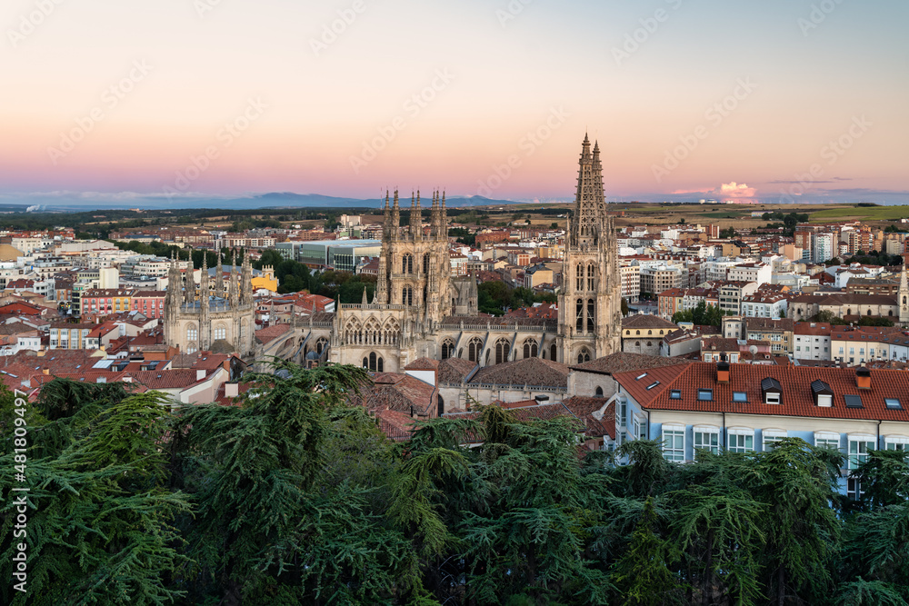 aerial view of the cathedral and the city of Burgos, Spain - golden hour.