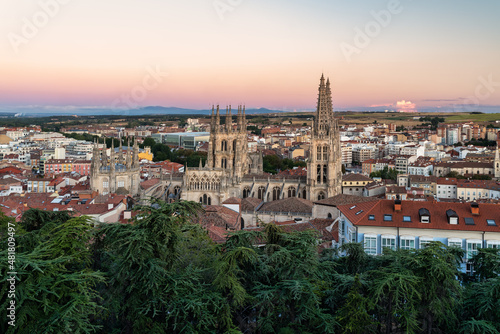 aerial view of the cathedral and the city of Burgos, Spain - golden hour.