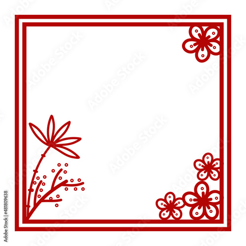 Beautiful red asian style of flower paper cut line frame in chinese and japanese theme for being graphic design use in festival and occasion celebration card, poster, brand, and logo