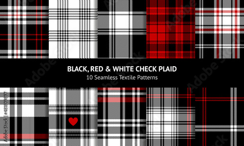 Check plaid pattern set in black, white, red. Seamless dark tartan check plaid graphic background vector for flannel shirt, scarf, blanket, duvet cover, throw, other modern autumn winter fabric print.