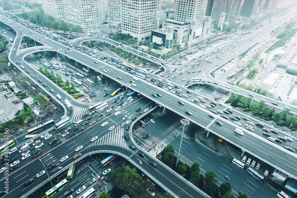 Naklejka premium The main three-dimensional traffic trunk roads of the city pass through Beijing's modern international business CBD