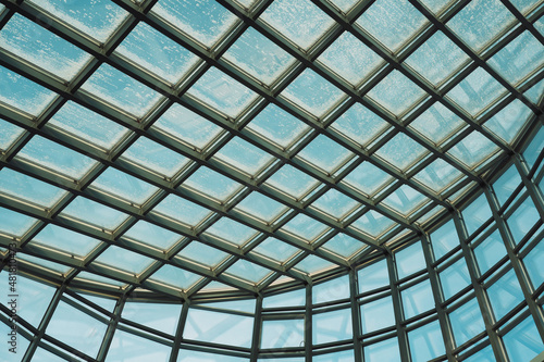 Element of a building made of metal and glass. Glass roof of the business center.