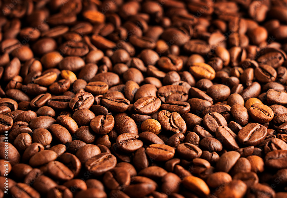 Selective focus of brown roasted coffee beans dark natural background or backdrop used for preparation of espresso or cappuccino drink for breakfast full of caffeine. Horizontal orientation Selective focus of brown roasted coffee beans dark natural background or backdrop used for preparation of espresso or cappuccino drink for breakfast full of caffeine. Horizontal orientation
