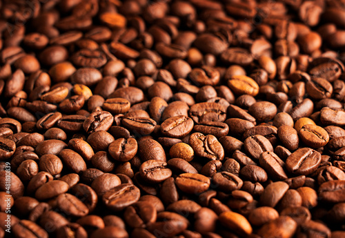 Selective focus of brown roasted coffee beans dark natural background or backdrop used for preparation of espresso or cappuccino drink for breakfast full of caffeine. Horizontal orientation