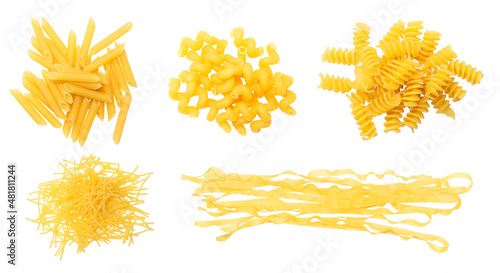 Pasta of different types on a white background, set
