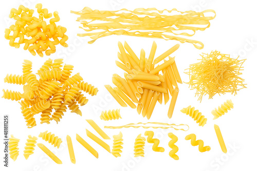 Pasta of different types on a white background, set