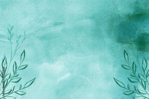 Turquoise Watercolour Background Texture with Leaves