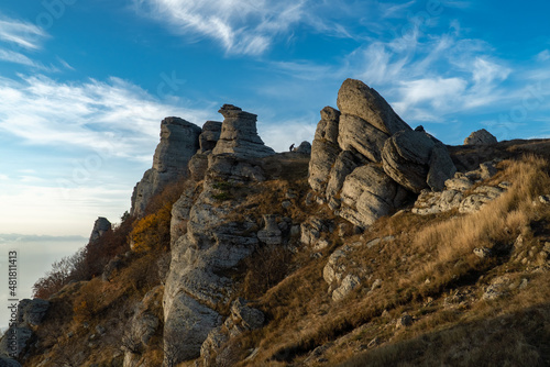 Rocks on the edge of the South Demerdzhi Mountain illuminated by the morning sun