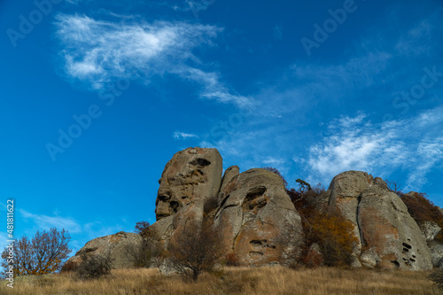 Beautiful rocks on South Demerdzhi mountain under blue sky