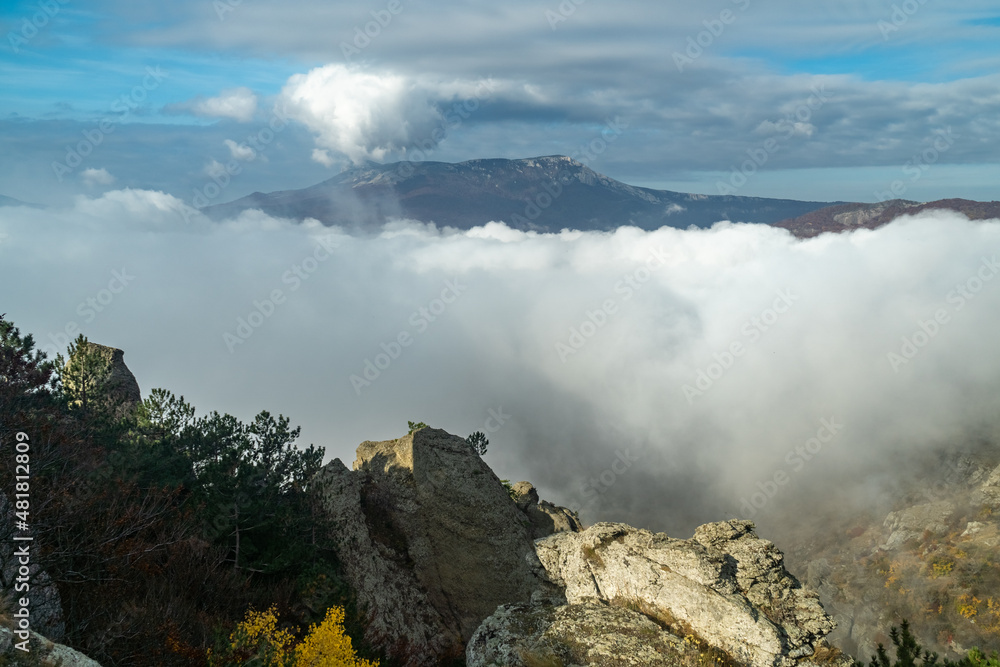View of the Chatyr-Dag mountain range through the fog