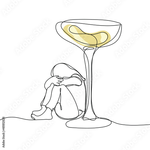 Woman sitting under glass of wine. Alcohol addiction concept. One continuous line drawing. Vector illustration