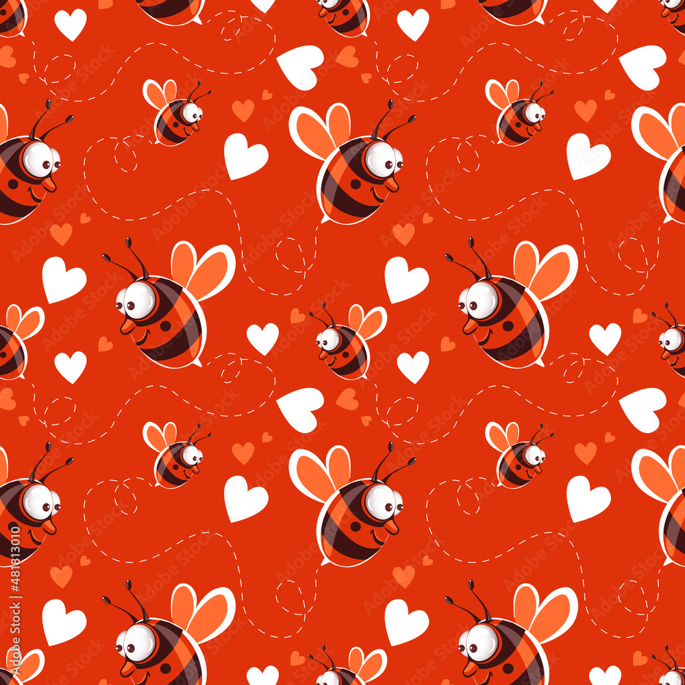 Vector seamless pattern, cute bee in love and hearts. Romantic Valentine's Day template. Pattern trend design. Vector seamless pattern, cute bee in love and hearts. Romantic Valentine's Day template. Pattern trend design.