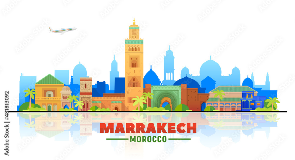Marrakesh ( Morocco ) city skyline with panorama on white background. Vector Illustration. Business travel and tourism concept with old buildings. Image for presentation, banner, website.