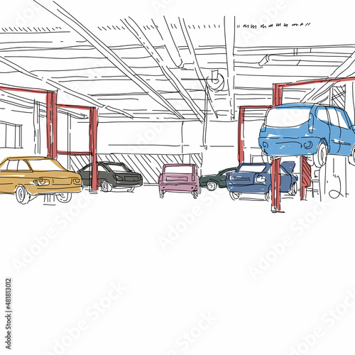Auto service interior design sketch. Hand drawn vector illustration